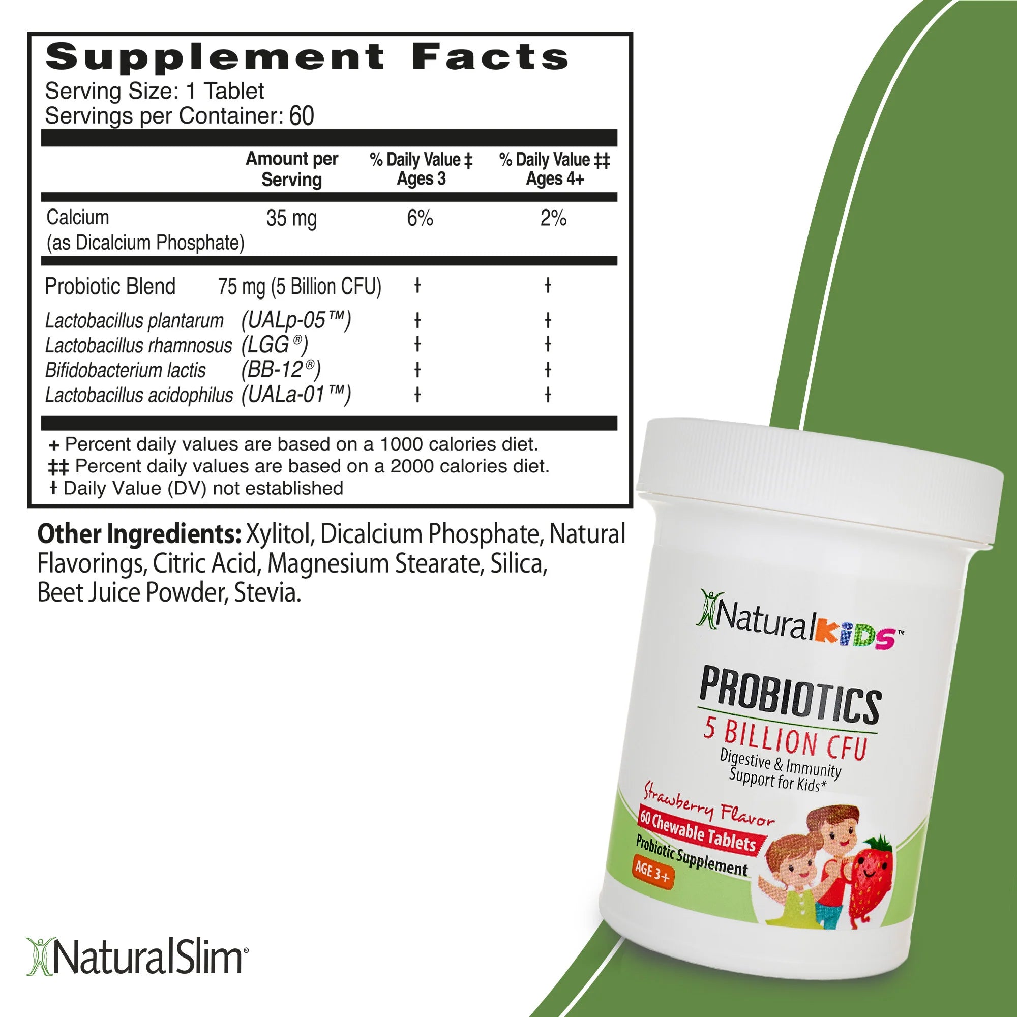 NaturalKids® PROBIOTICS™ Komprimieren Sie 5 Millionen UFC pro Portion | Compresse probiotiche masticabile 60 compresse masticabile | Gusto Fragola