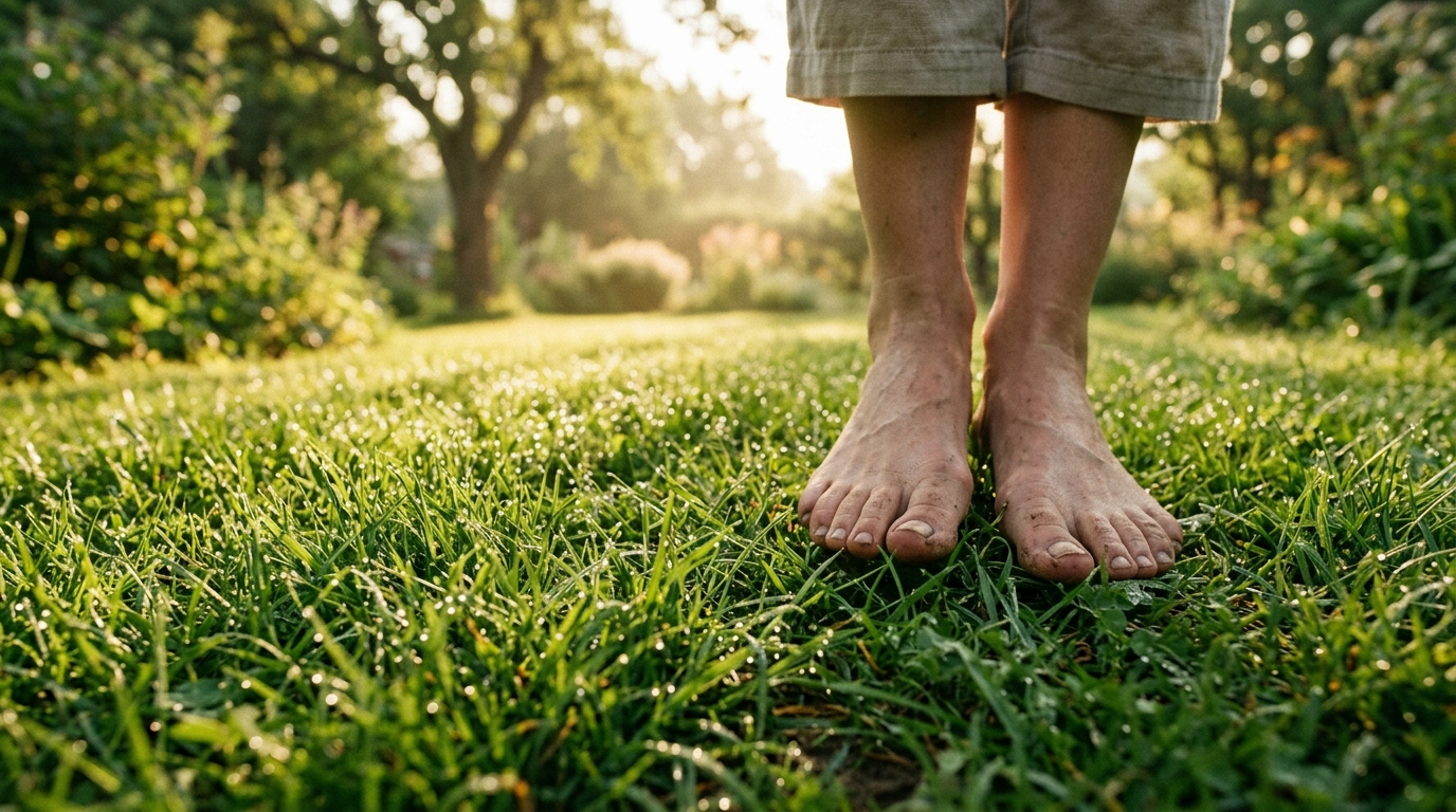 Bare feet standing on dewy green grass at golden hour — grounding (earthing)